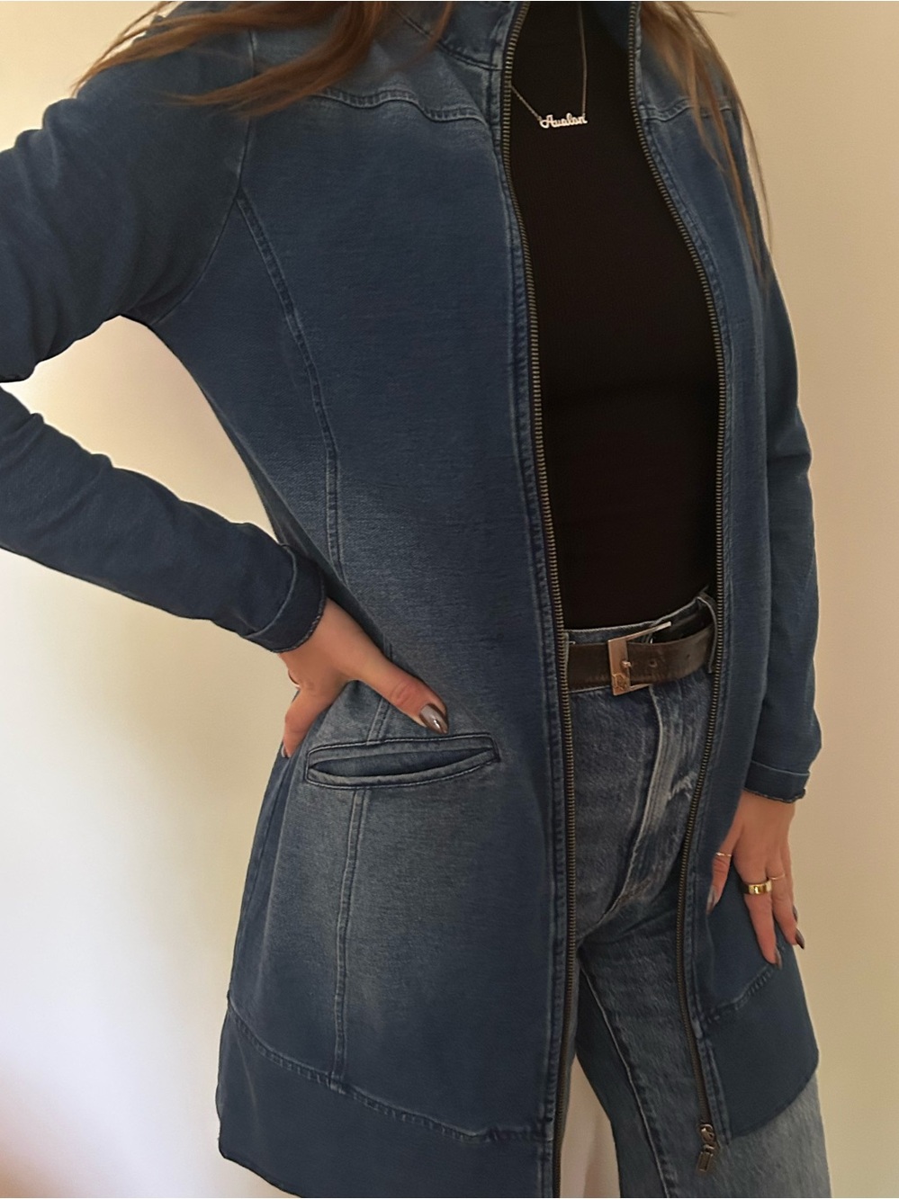 Yest Long Denim Zip Front Chore Jean Jacket in Blue